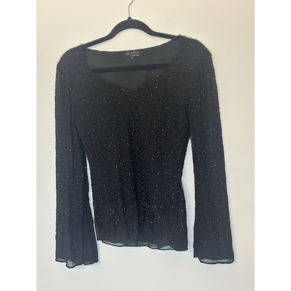 J Kara New York Black Beaded V-Neck Blouse Women's L Long Sleeve Party Retro